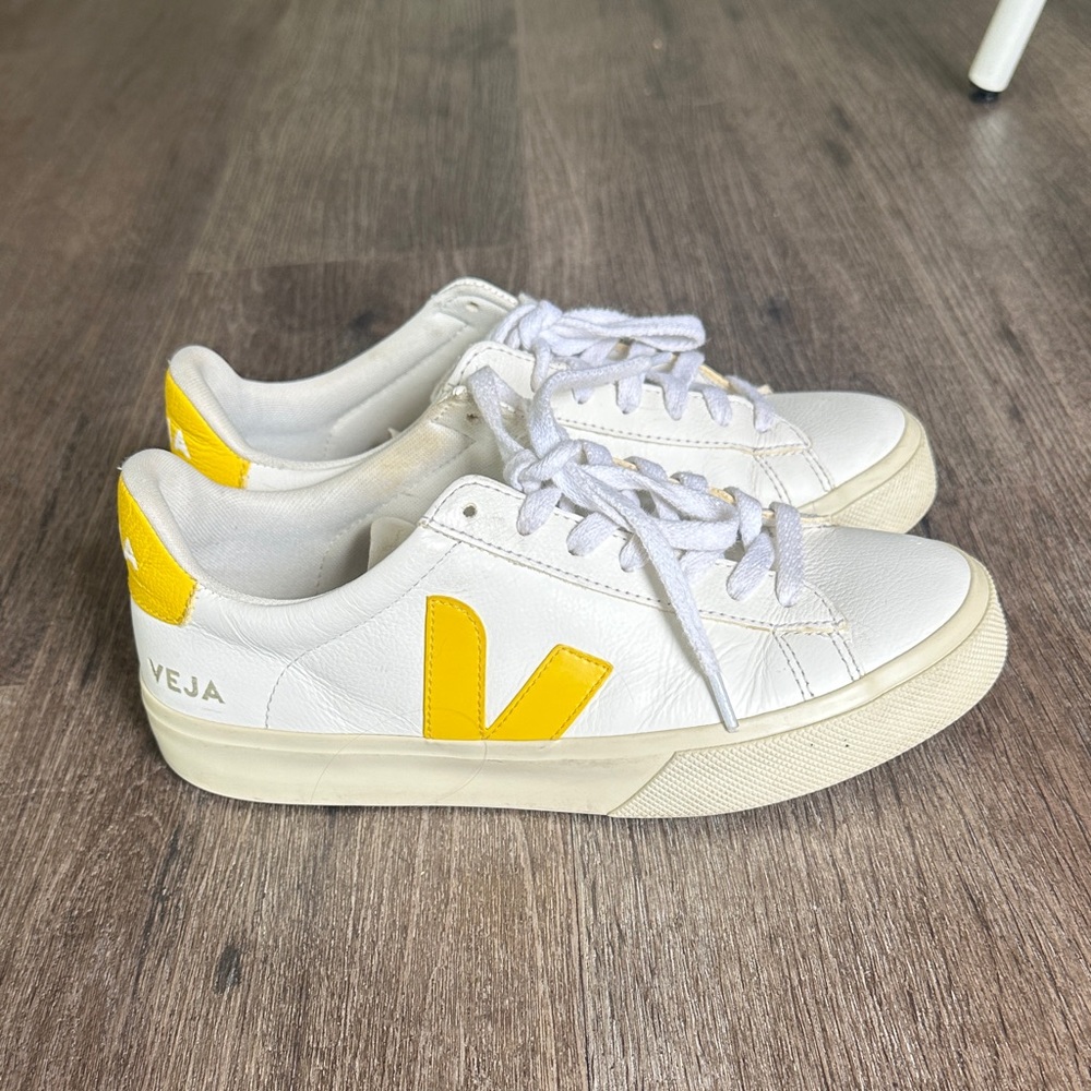 Veja White Leather Low-Top Sneakers with Yellow V Logo